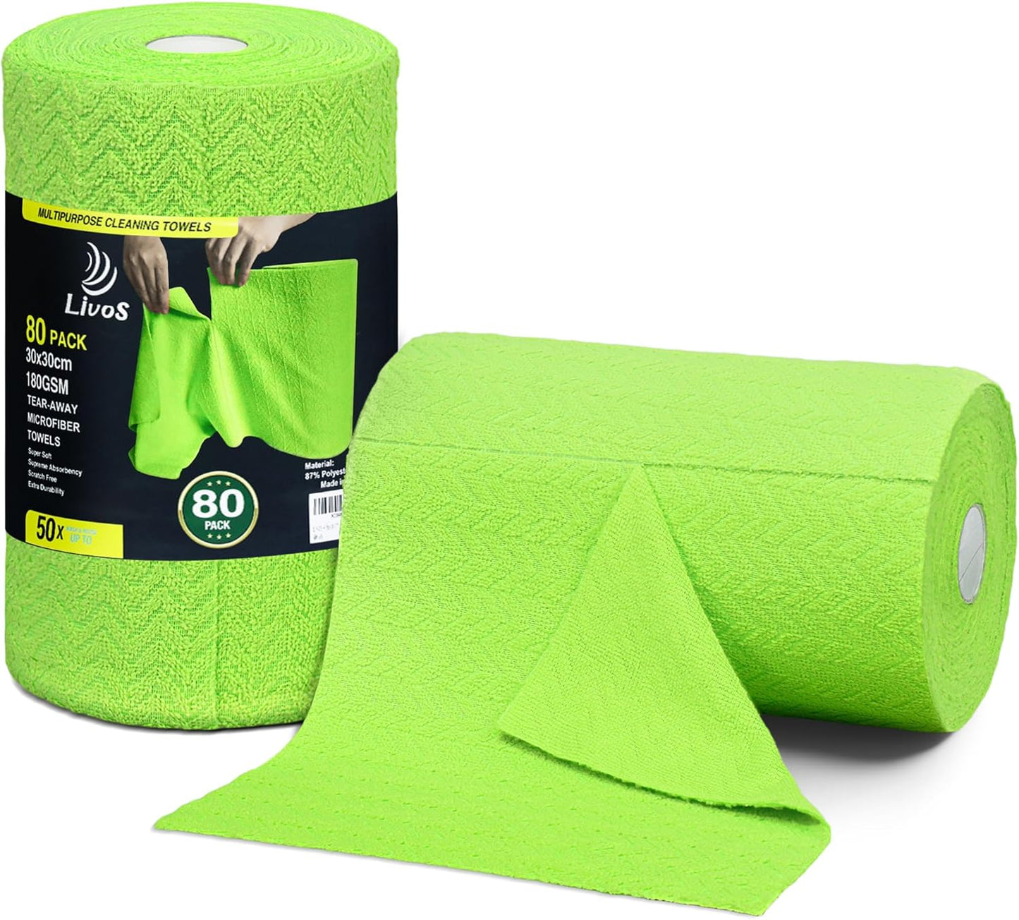 LIVOS Microfiber Cleaning Cloth Roll - 80 Pack, Reusable Paper Towels, Microfiber Towels for Cars, Super Absorbent Lint Free Cleaning Rags for House, Kitchen, Window-Wave Green, 11.5"x11.5"