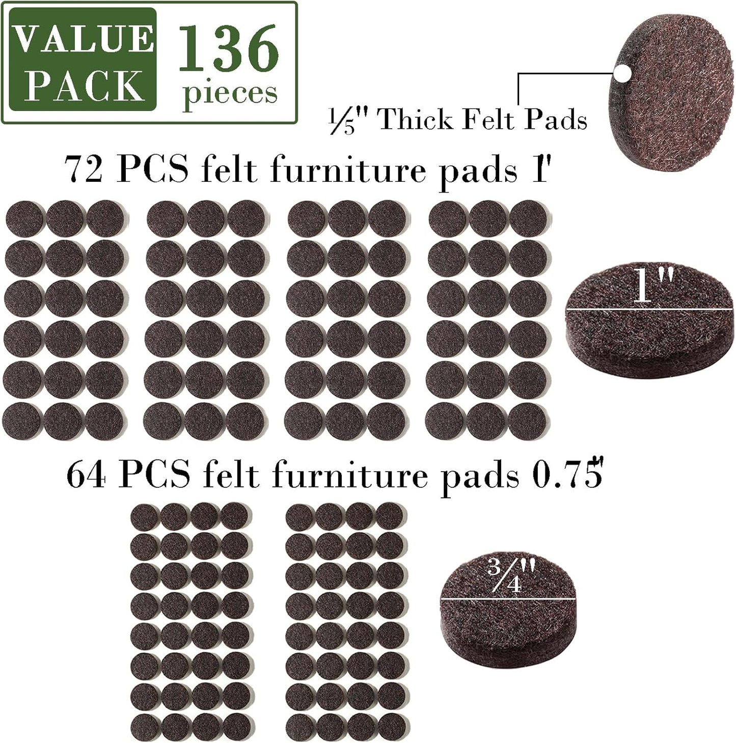 Fursafe&Q Felt Furniture Pads, Furniture Felt Pads for Hardwood Floors -Self Adhesive Chair Leg Floor Protectors, Protect from Nicks, Dents and Scratches, Chair Feet Protectors 136 Pcs Chair Feet