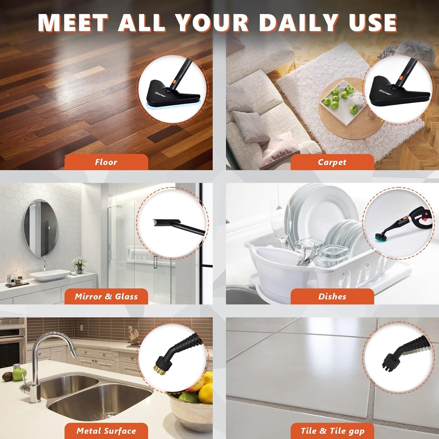 ARLIME Multi-Purpose Steam Cleaner with 19 Accessories, Household Rolling Steamer Cleaning Mop for Carpet, Cars, Floors W/ 1.5L Tank & Extra-Long Power Cord