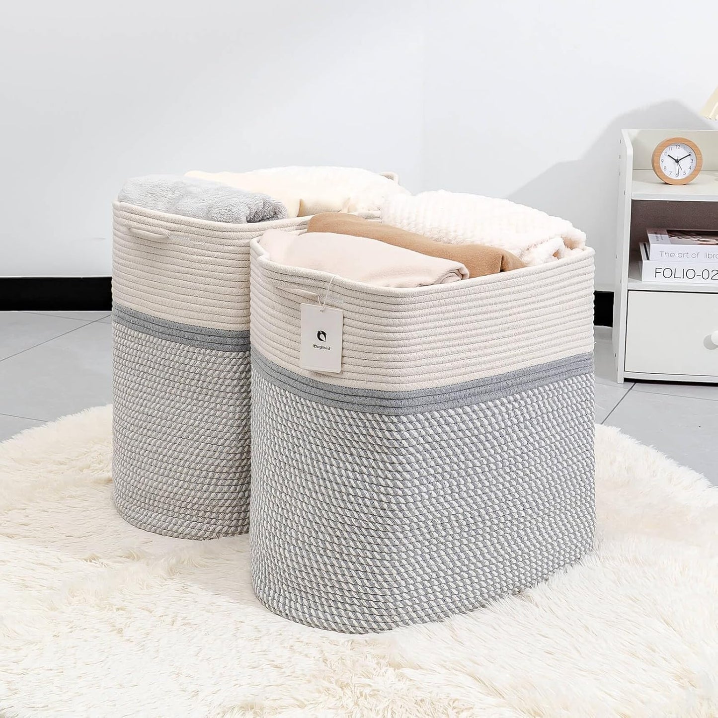 Storage Baskets for Clothes Fabric Cotton Rope Storage Basket with Handles, Decorative Woven Basket for Living Room,Closet Organizer Blankets, and 2bags (White/Gray, L14×W11×H14)