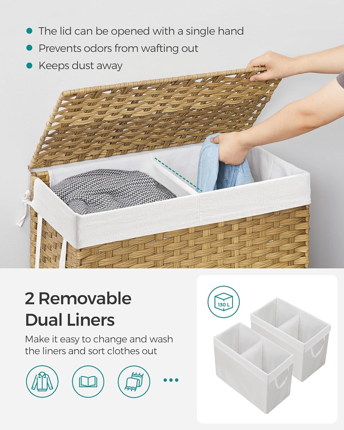SONGMICS Laundry Hamper with Lid, 130L Clothes Hamper with 2 Removable Liner Bags, 6 Mesh Bags, Wicker Laundry Basket, Double Laundry Hamper for Bathroom, 13 x 26 x 23.6 Inches, Natural ULCB253N01