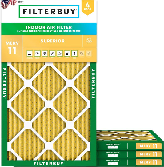 Filterbuy 15x25x1 Air Filter MERV 11 (MPR 1200) Allergen Defense Replacement (4-Pack), Electrostatic Pleated HVAC AC Furnace Filters, Made in USA (Actual Size: 14.50 x 24.50 x 0.75)