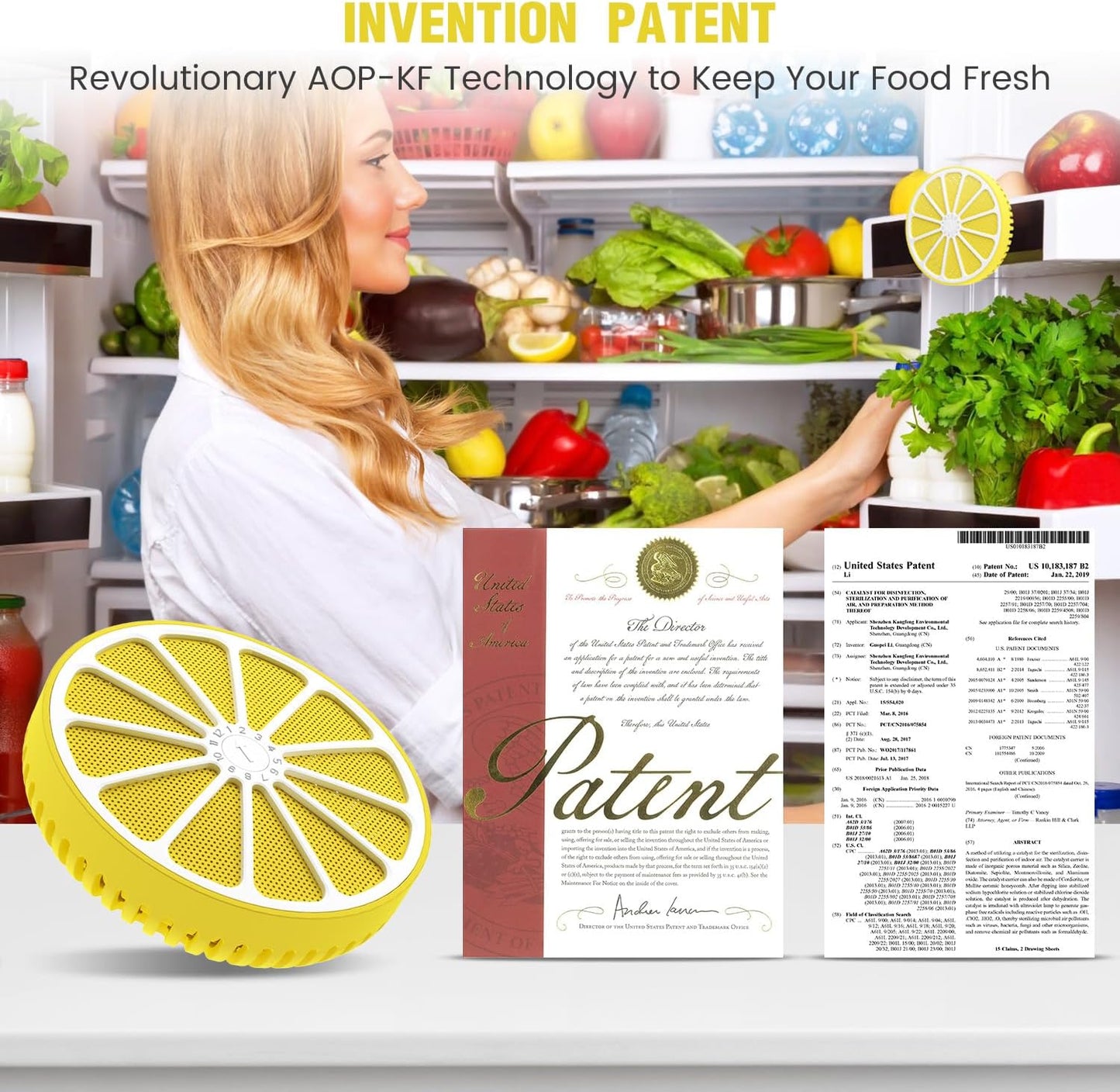 Refrigerator Deodorizer with AOP-KF Solid Alkali Technology, 2 Years Long-Lasting Fresh Odor Eliminator for Fridge, Kitchen, Apartment, Closet & Small Spaces, Lemon Design & Adjustable Clip (3 Packs)