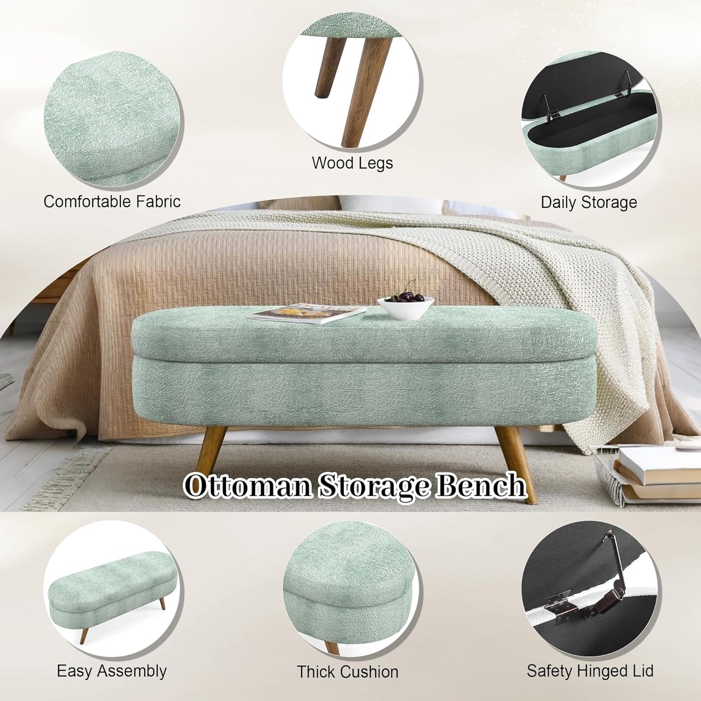 Storage Bench, 43" Storage Ottoman Bench, Shoe Storages Benches for Bedroom, Upholstered Entryway Benches with Seating, Rubber Wood Legs for Bedroom, Living Room, Entryway, Bed Side, Cyan