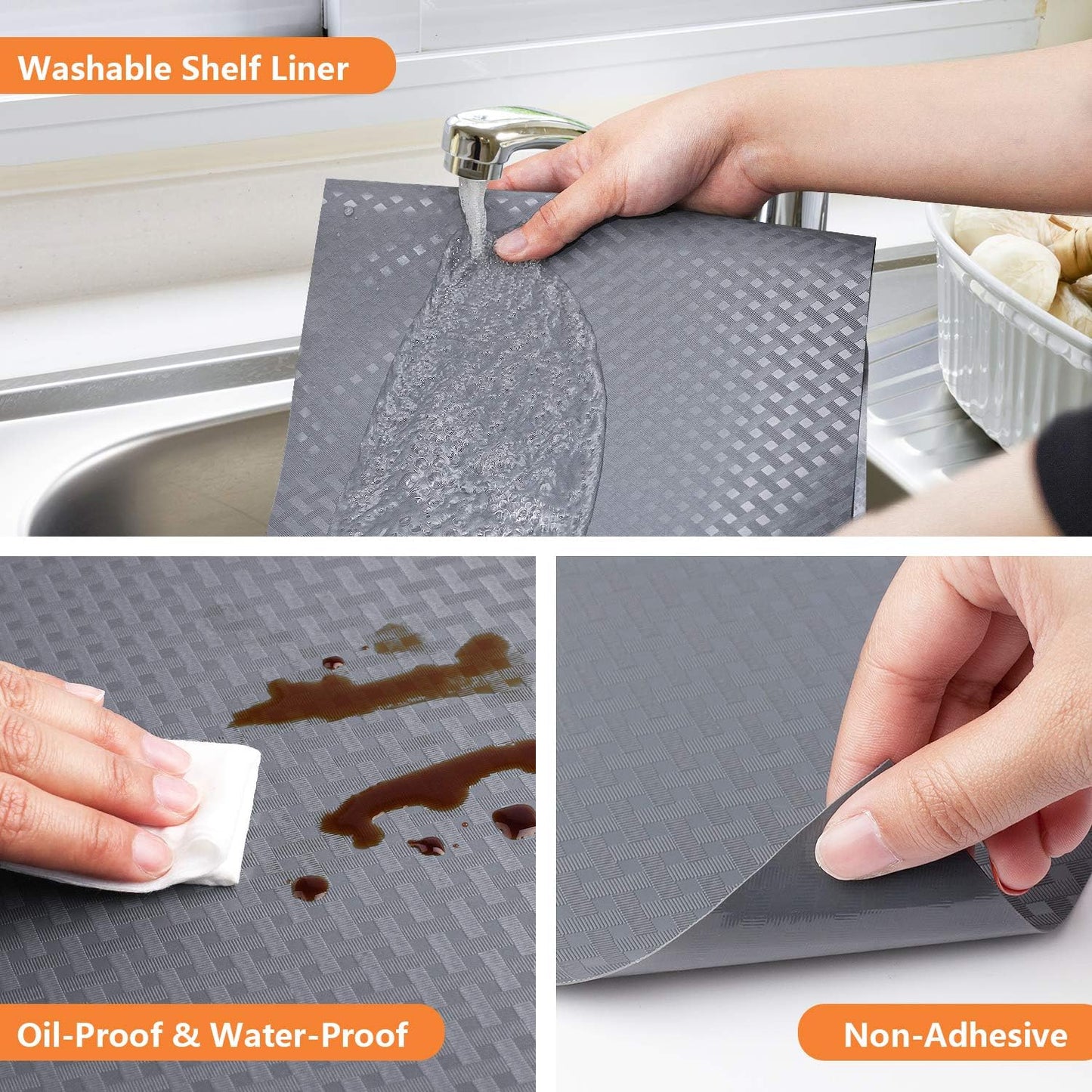 Shelf Liners for Kitchen Cabinets Refrigerator Liners Waterproof & Oil-Proof Kitchen Cupboard Liner Non-Slip Drawer Mats EVA Material Non Adhesive Fridge Liner for Shelves - Gray 17.5 x 393.7 inches