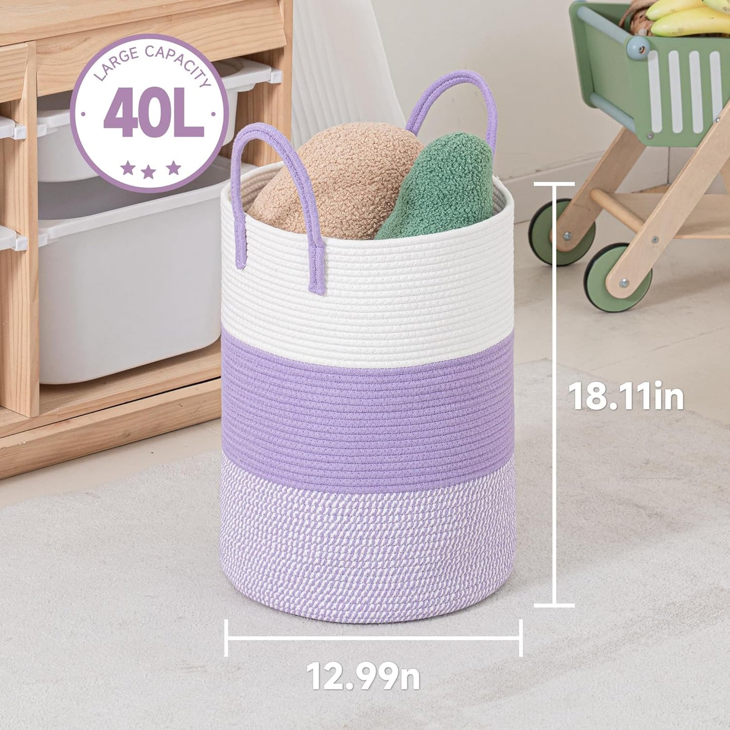 CLHMILY&Z 40L Laundry Basket Round Storage Rope Basket - 13x18 Inches - Lavender Hamper in Bedreoom and Cute Storage Bin for Blankets, Toys, and Nursery Essentials