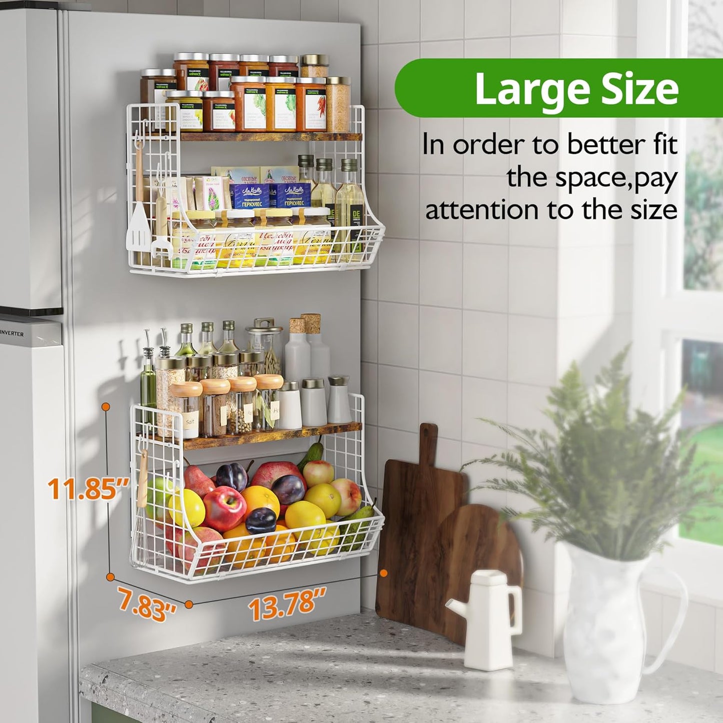 Magnetic Shelf for Fridge with Wood Lid, Fruit Potato and Onion Storage Bins, Pantry Organizers and Storage, Strong Magnetic Spice Rack for Refrigerator, Kitchen Counter and Laundry Room (Large)