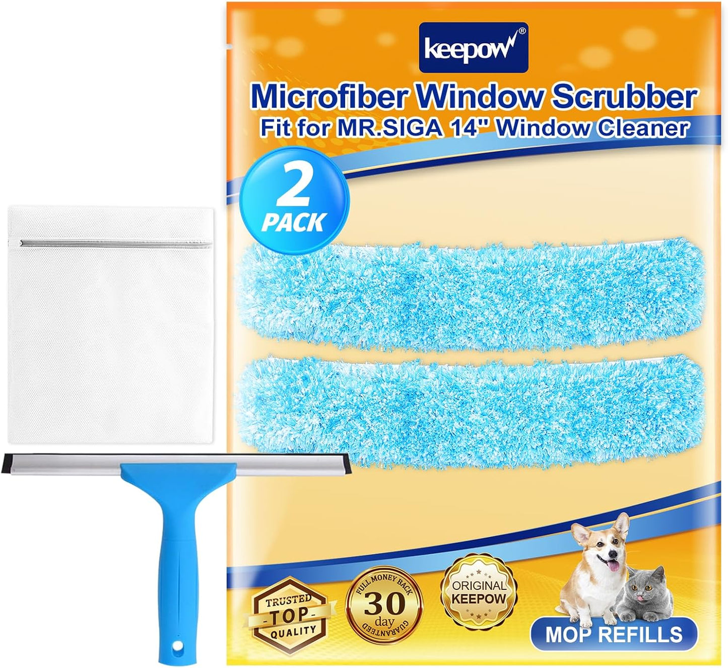KEEPOW 14" Microfiber Window Scrubber Refill Replacement Compatible with MR.SIGA, Compatible with Ettore Professional Window Cleaning, Reusable & Washable Window Squeegee for Home (2 Pack)
