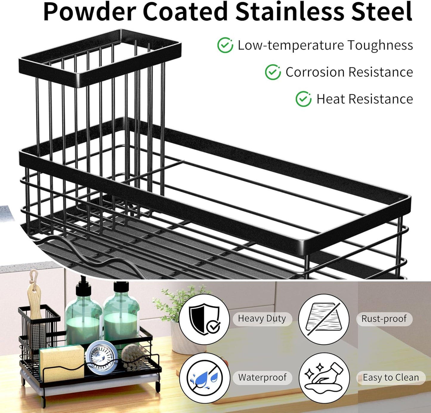 Sink Caddy, Kitchen Sink Organizer with Sponge Holder and Stone Drying Mat, Quick Drying, Stainless Steel Kitchen Caddy Organizer for Sponges, Brushes & Soap