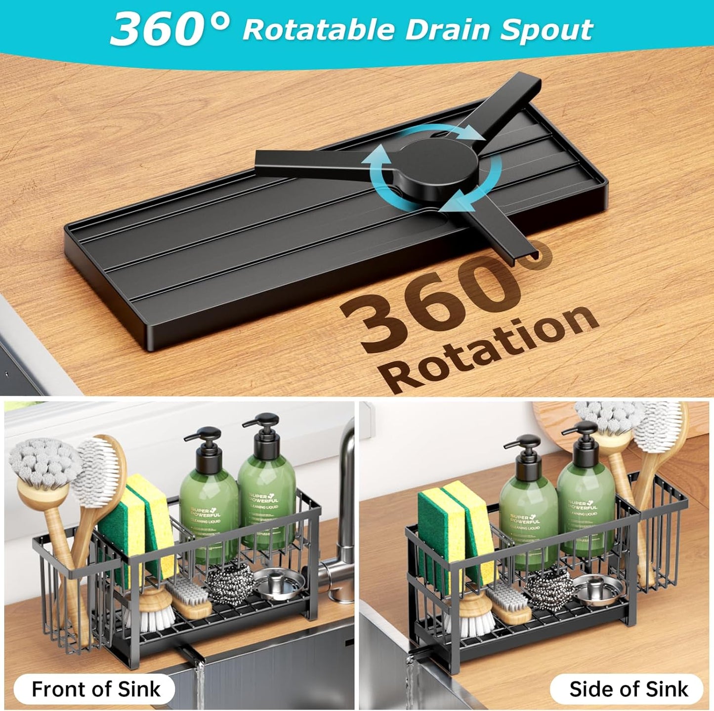 Sponge Holder for Kitchen Sink, 2 Tier Sink Caddy Organizer Countertop with Dish Brush Holder and 360° Drain Tray, Rustproof Stainless Steel Dish Soap Storage Rack Set for Accessories Grey