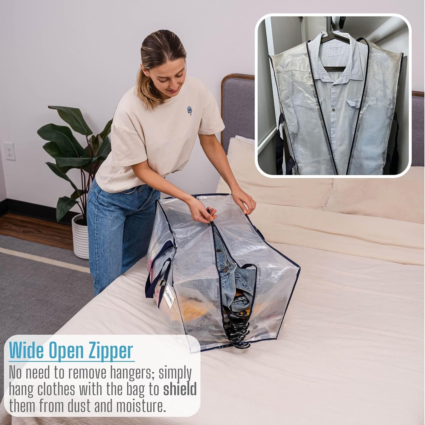 VENO 6 Pack Moving Bags Plastic Storage Totes Clothes Organization Large W Lid/Zipper. Packing Boxes/Bins Alternative. Space Saving Foldable College Supplies Essentials (Clear, 6 Pack)