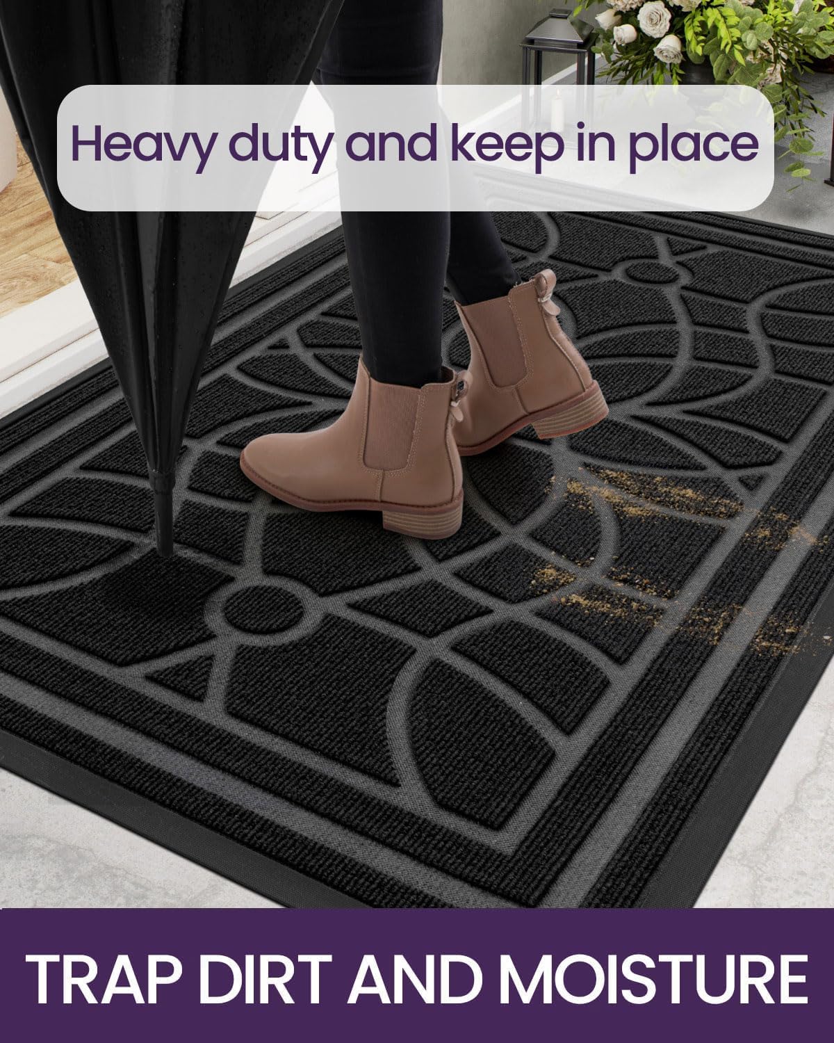 DEXI Front Door Mat Outside Entrance, Heavy Duty Non Slip Low Profile Doormat for Entryway, Trap Dirt and Moisture Welcome Mats, Easy Clean, Patio, Garage, 5x3, Black