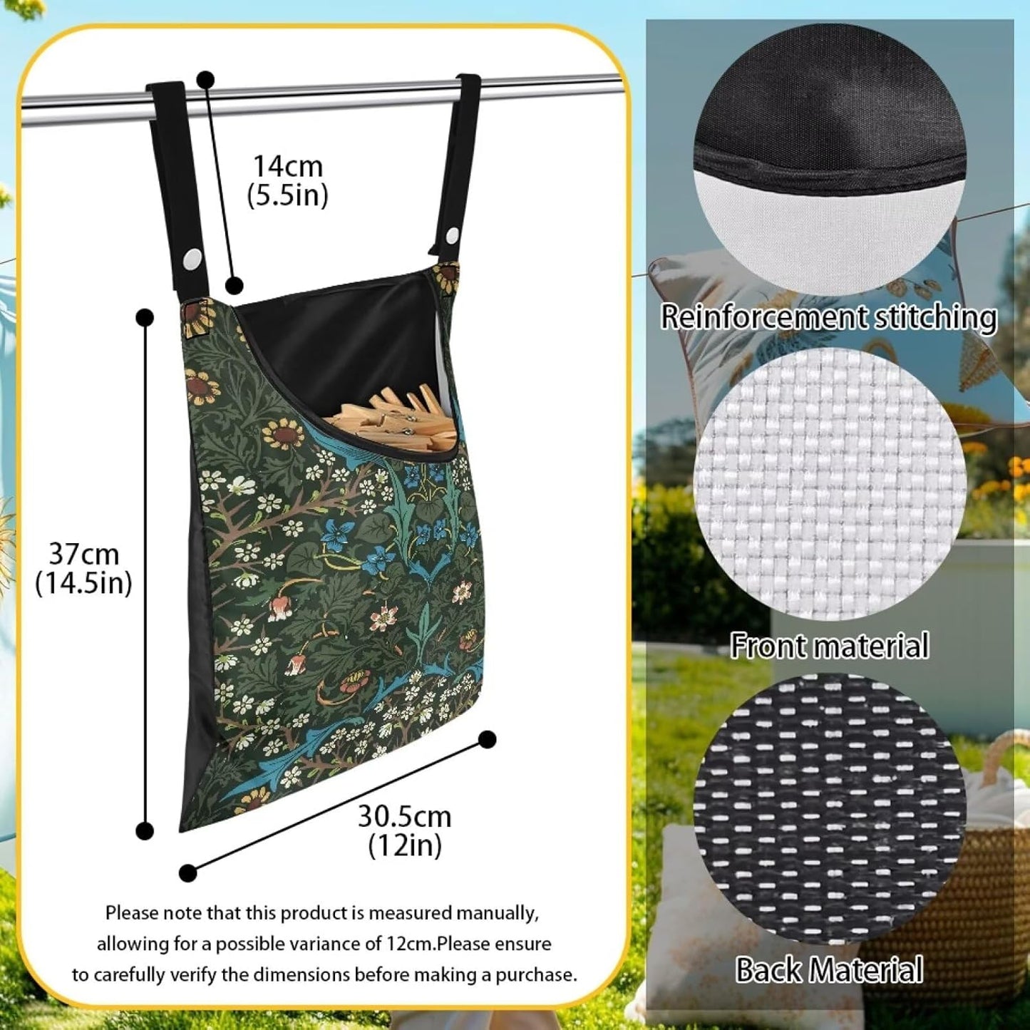 Vintage Scabious Leaf Print Reinforced Clothespin Holder Bag 14.5x12in - Large Capacity Storage with Easy Access Design - Weatherproof Hanging Organizer for Backyard Clotheslines