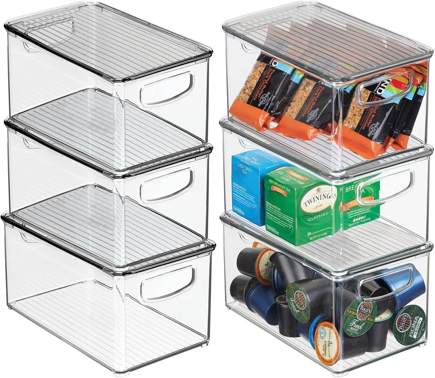 mDesign Plastic Deep Storage Bin Box Container with Lid and Built-In Handles - Organization for Fruit, Snacks, or Food in Kitchen Pantry, Cabinet, Cupboard, Ligne Collection, 6 Pack, Clear/Smoke Gray