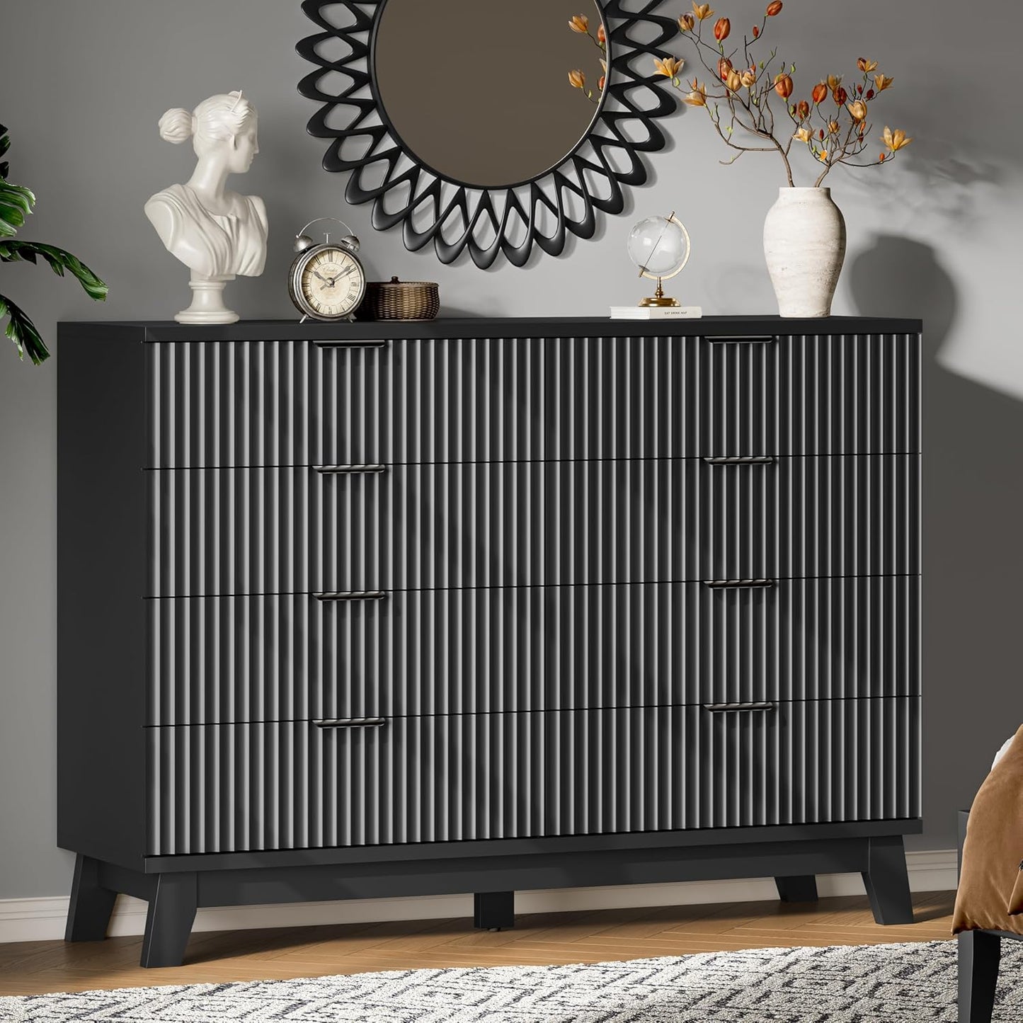 Fluted Dresser with 8 Drawers, 54" Wide Modern Chest of Drawers with Metal Handle, Wooden Dresser TV Stand, Wood Closet Clothes Storage Organizer for Bedroom, Living Room, Hallway, Solid Black