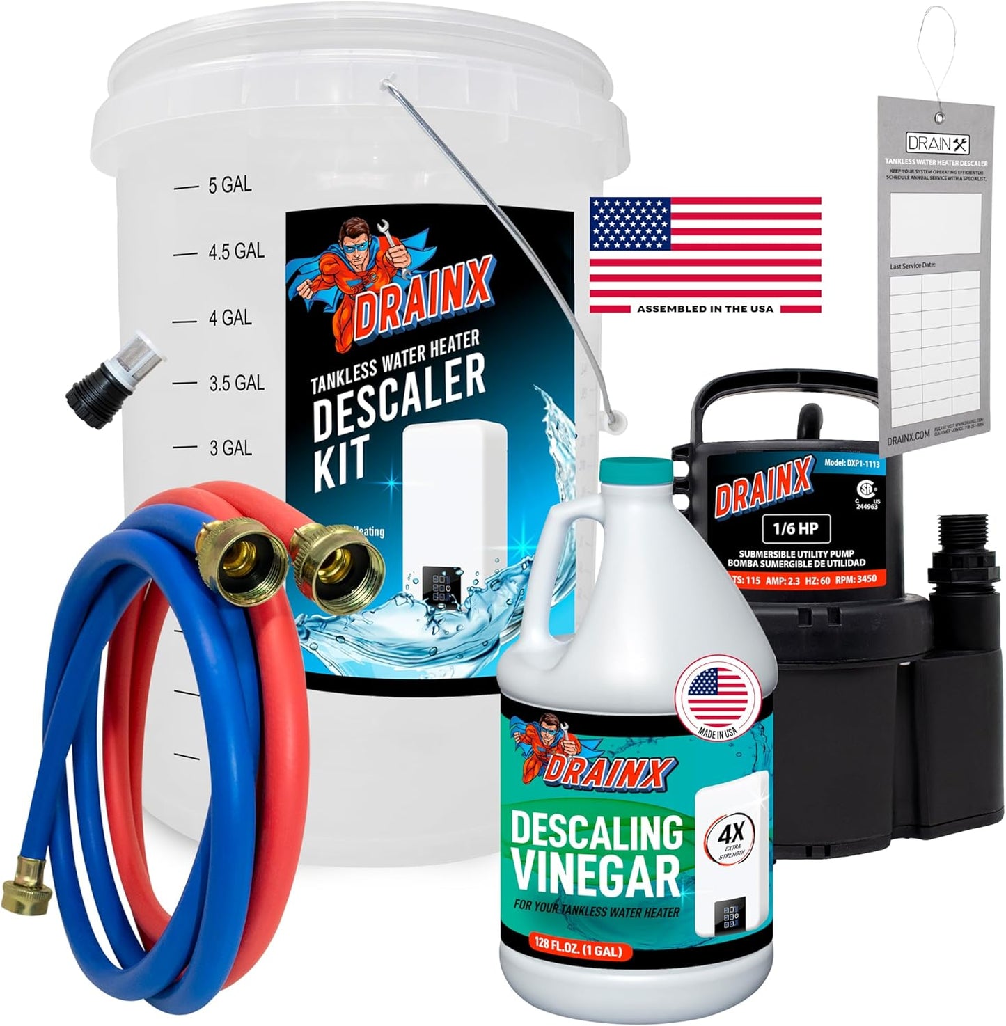 DrainX Tankless Water Heater Flushing Kit Includes Pump, Hoses, 5-Gallon Bucket, Concentrated Vinegar, and Replacement Filter for Rinnai Systems