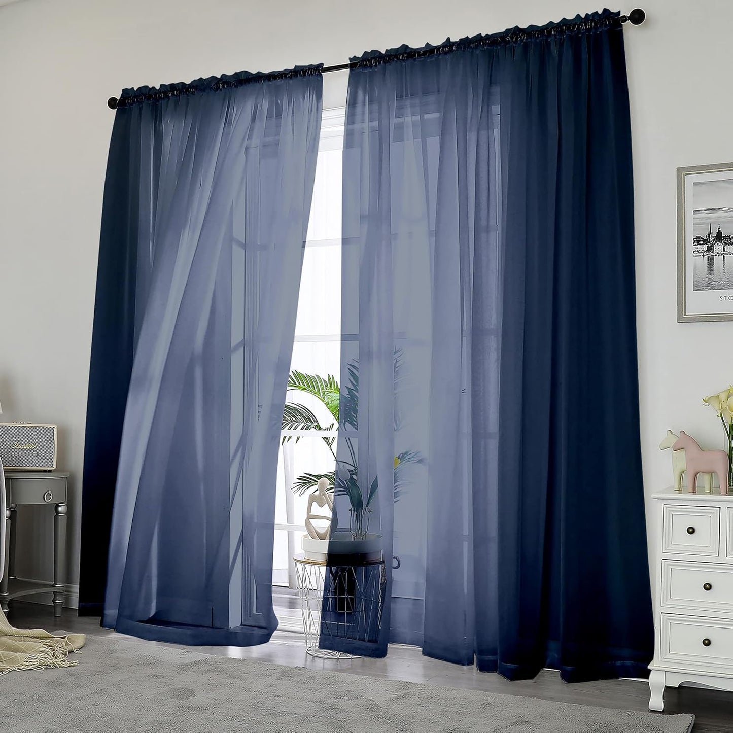 Chyhomenyc Navy Blue Sheer Curtains 84 Inches Long 2 Panels Set - Light Filtering Curtains for Living Room, Soft Breathable Voile Rod Pocket Bedroom Window Drapes, 42Wx84L Inch, 2PCS