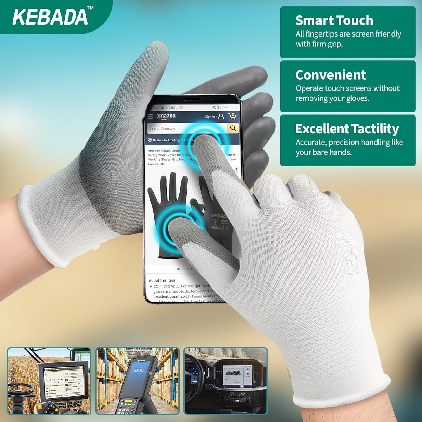 Kebada W1 Work Gloves for Men and Women, 12 Pairs Touchscreen Safety Gloves with Grip, PU-Coated, Ideal for Light & Medium Duty Tasks, White, Small