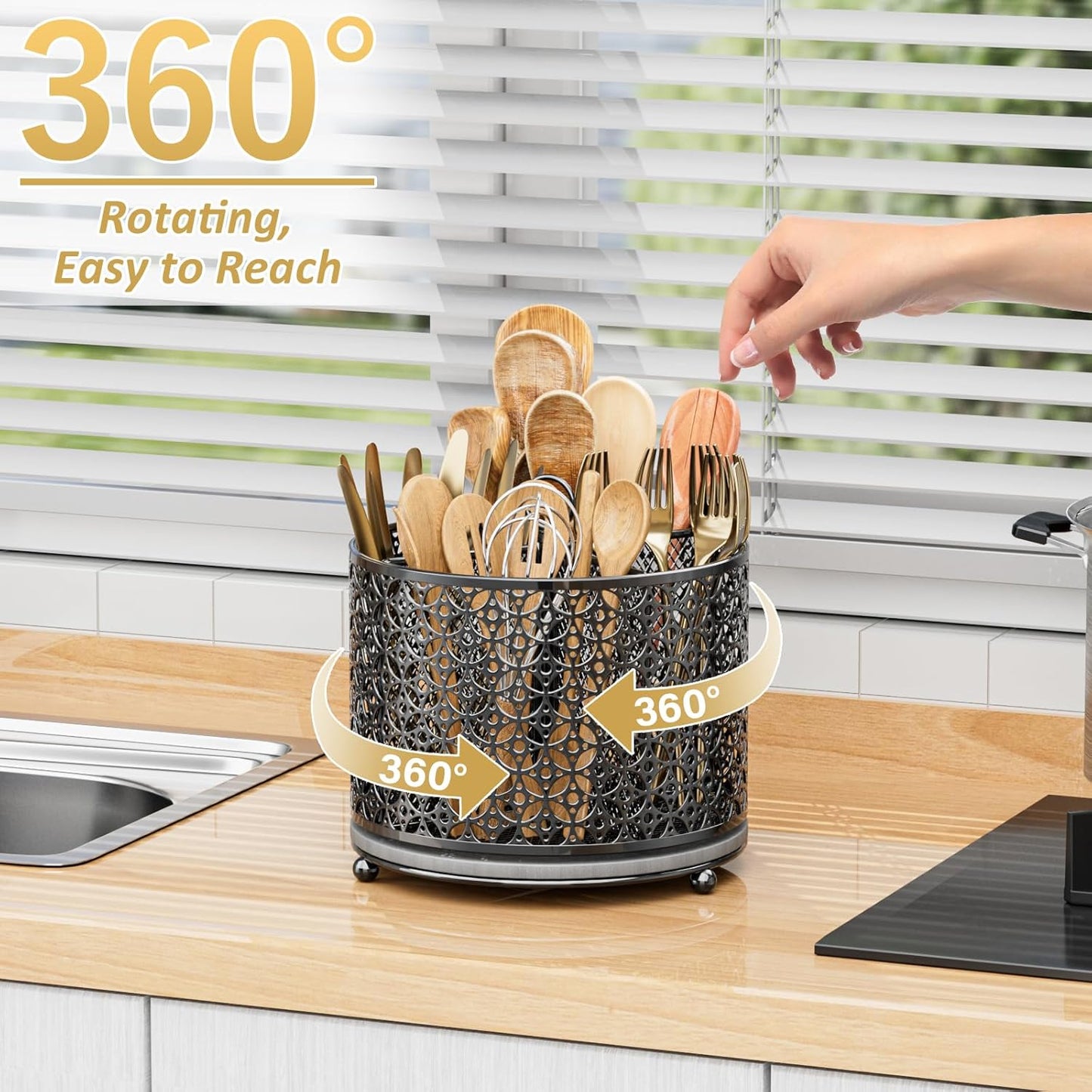 360° Rotating Utensil Holder Caddy - Fast-Drying Silverware Flatware Organizer - 4 Compartment Large Cutlery Holder with Handle For Kitchen Countertop Party Office Picnic Table Black