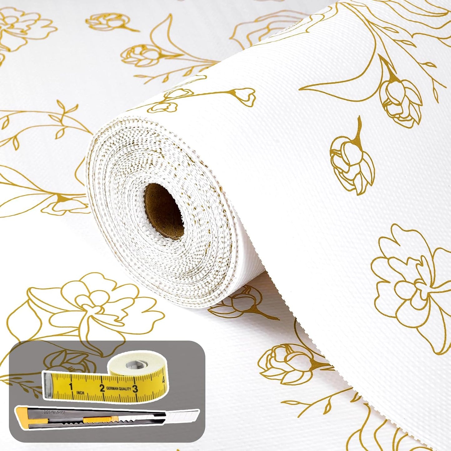 Shelf Liners for Kitchen Cabinets 12in x 30FT Non Adhesive Drawer Liner Gold Floral Thickened Shelf Liner Paper Strong Non-Slip Easy to Clean for Tool Box Refrigerator with Knife and Tape Measure