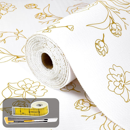 Shelf Liners for Kitchen Cabinets Non Adhesive Drawer Liner 23.6in x 30FT Gold Floral Thickened Shelf Liner Paper Strong Non-Slip Easy to Clean for Tool Box Refrigerator