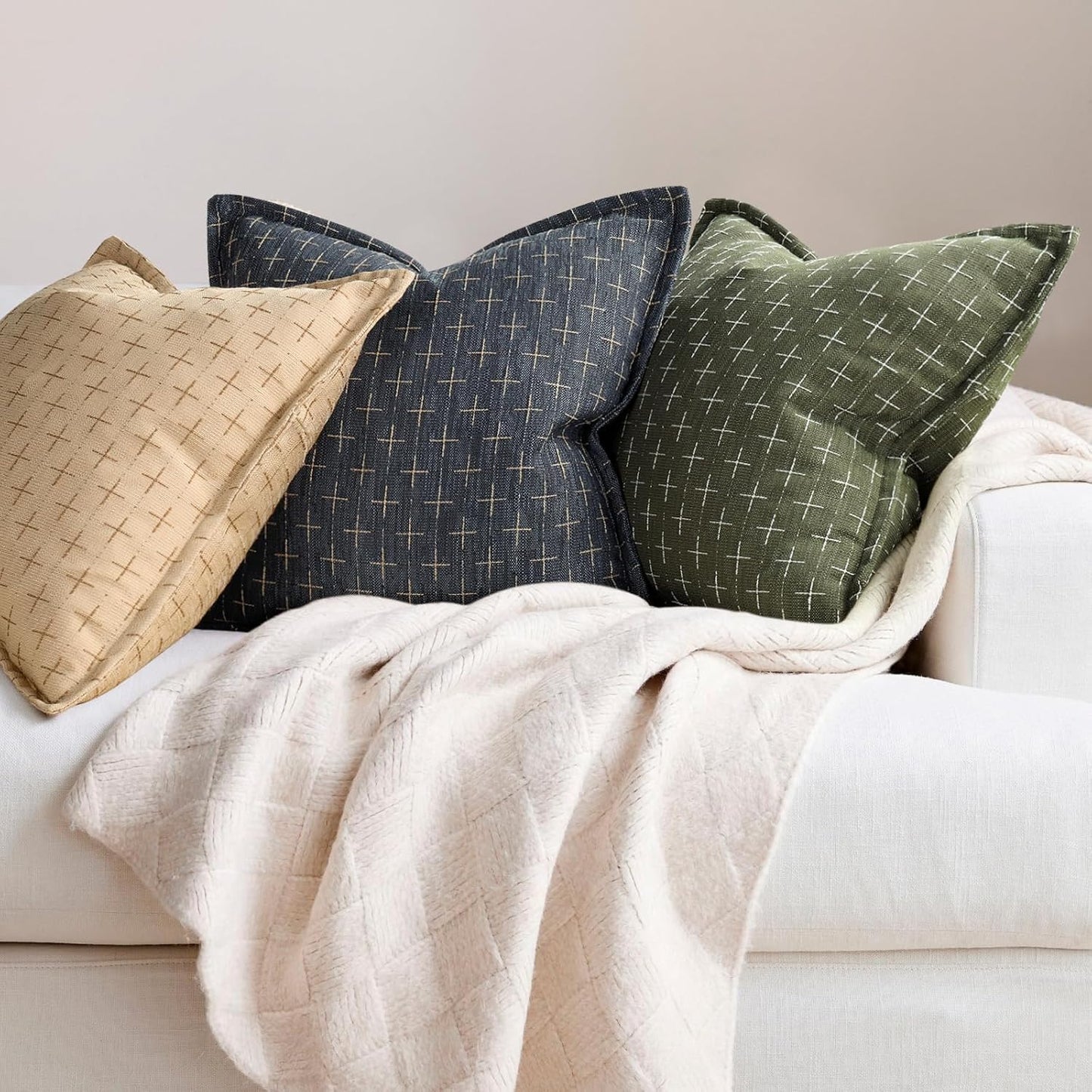 ZWJD Pillow Covers 16x16 Set of 2 Soft Polyester Textured Pillow Covers with Stylish Flange Edge Cozy Farmhouse Throw Pillows for Couch Bed Sofa Living Room