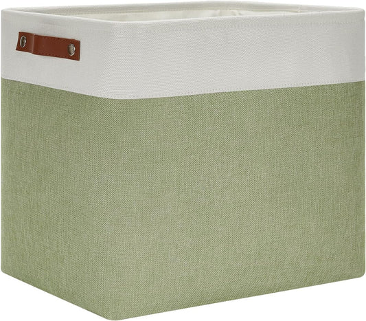 DULLEMELO Large Storage Basket 17"x12"x15", Fabric Storage Organizer Basket for Storage Clothes, Large Fabric Bin for Organizing Book, Storage Bin with Handles for Storage Toy (White&Green)
