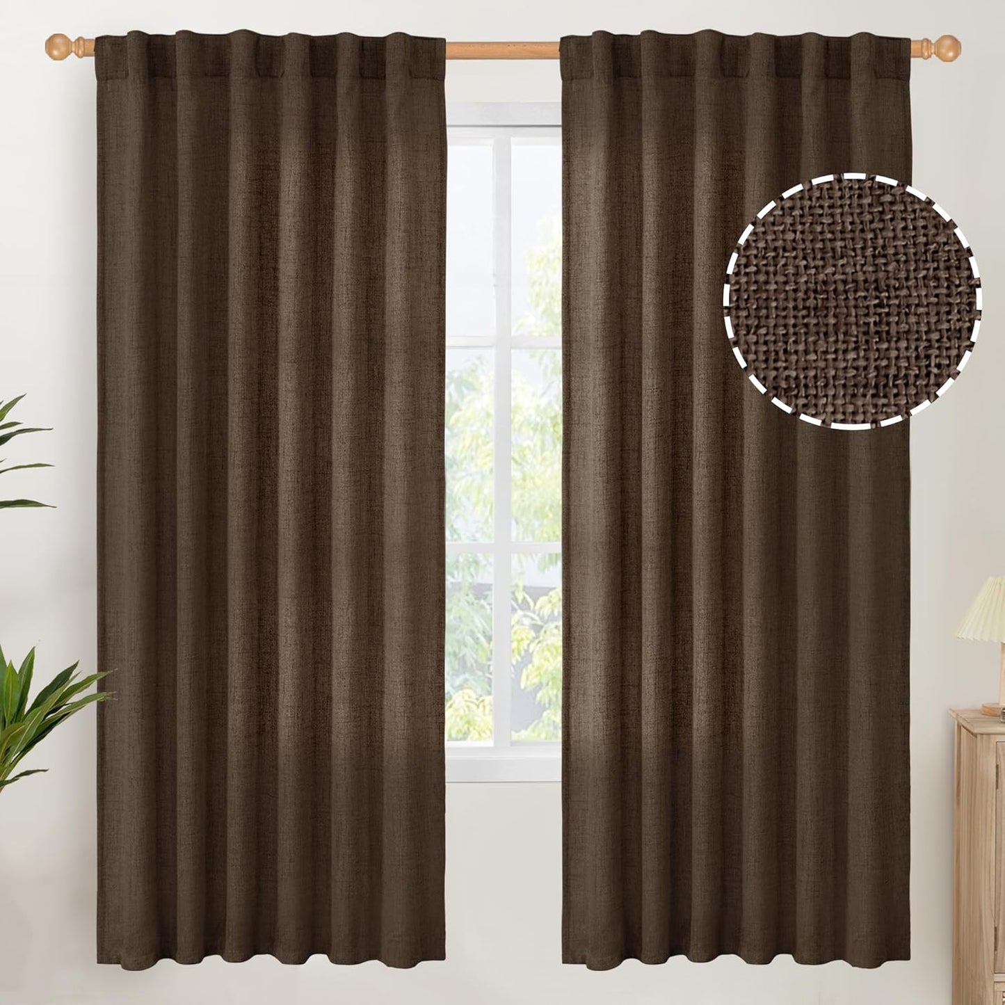 YoungsTex Dark Brown Linen Curtains for Living Room 2 Panels, Chocolate Light Filtering Window Drapes with Rod Pocket Back Tab Textured Semi Sheer for Dining Bedroom, 52 X 72 Inch