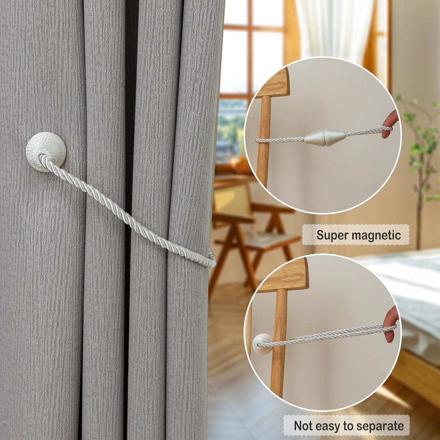 Magnetic Curtain Tiebacks 2 Pack Outdoor Rope Curtain Tie Backs Decorative Window Treatment Holdbacks for Home Decorative Curtain, White