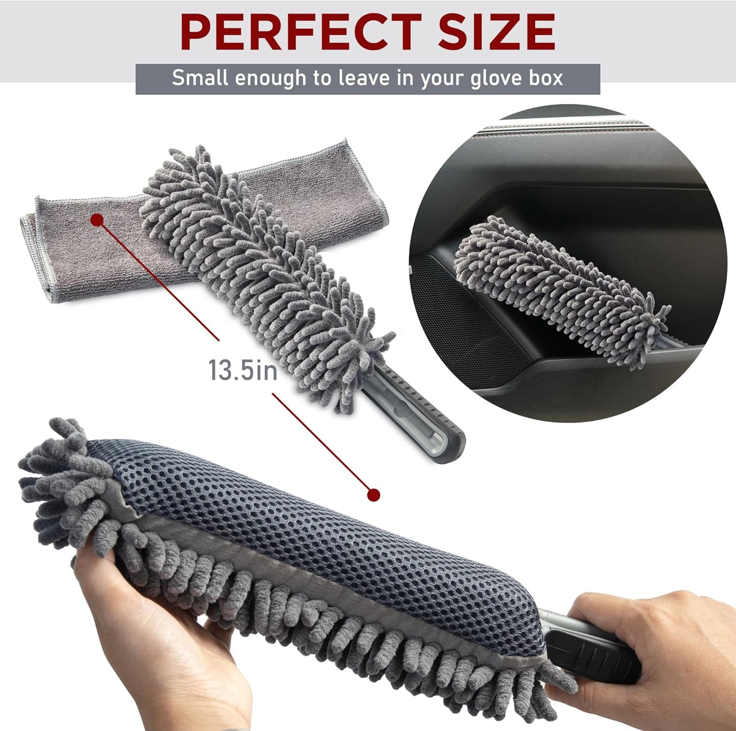 TAKAVU Car Duster Interior - Double-Sided Microfiber with Comfort Handle - Lint & Scratch-Free Cleaning for Cars, Trucks, RVs (Includes Towel & Storage Bag)