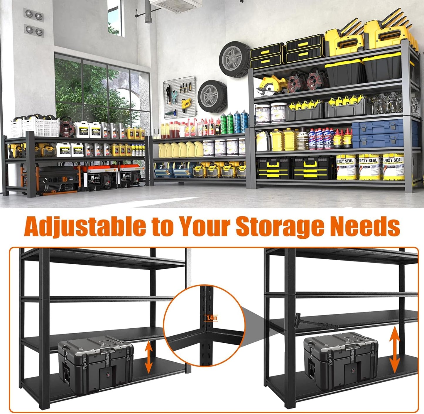 60" W Garage Shelving Heavy Duty Metal Shelving 3000LBS Storage Shelves Adjustable 5 Tier Metal Shelves for Storage Industrial Shelves for Garage, Warehouse, 24.2" D x 60'' W x 72'' H