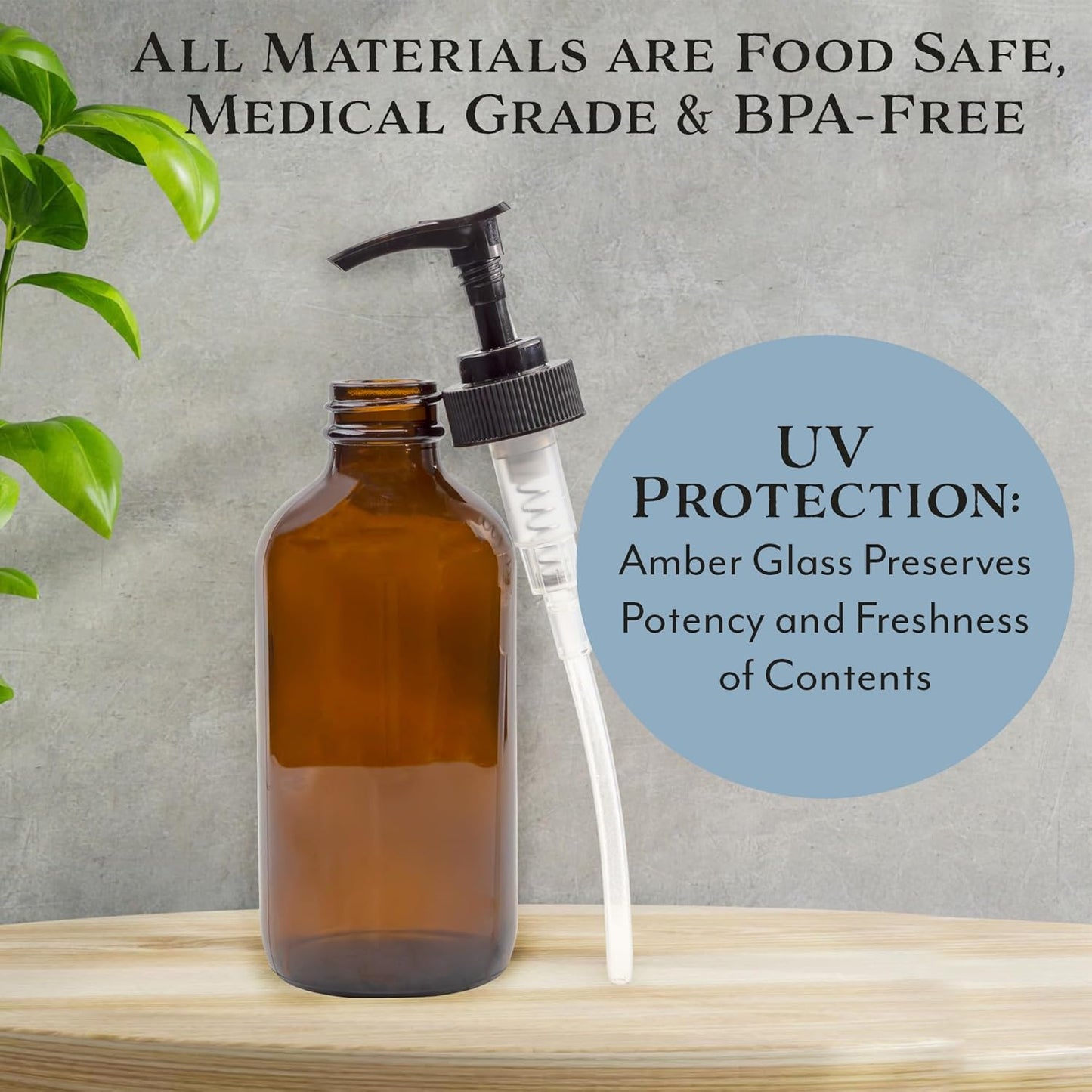 Cornucopia 8oz Glass Pump Bottles (4-Pack, Amber Brown), Lotion Soap Dispensers w/Black Plastic Pumps