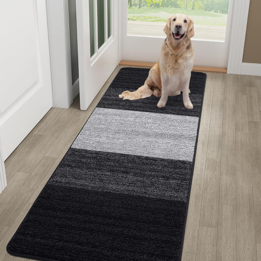 Kitinjoy Indoor Outdoor Door Mat, 48x30 Non-Slip Absorbent Dirt Trapper, Low-Profile Washable Inside Entrance Front Floor Mat, Sturdy Soft Entry Doormats for Entryway, Black