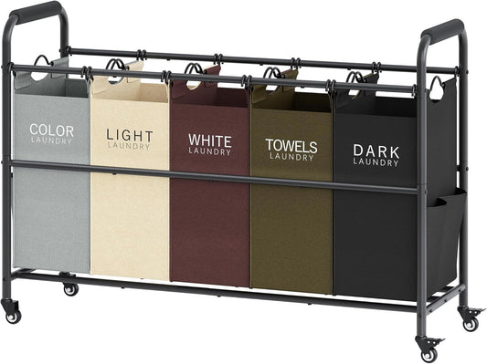Tajsoon 5 Bag Laundry Sorter Cart, Laundry Hamper Sorter Basket with Heavy Duty Lockable Rolling Wheels for Clothes Storage, 5 Colors