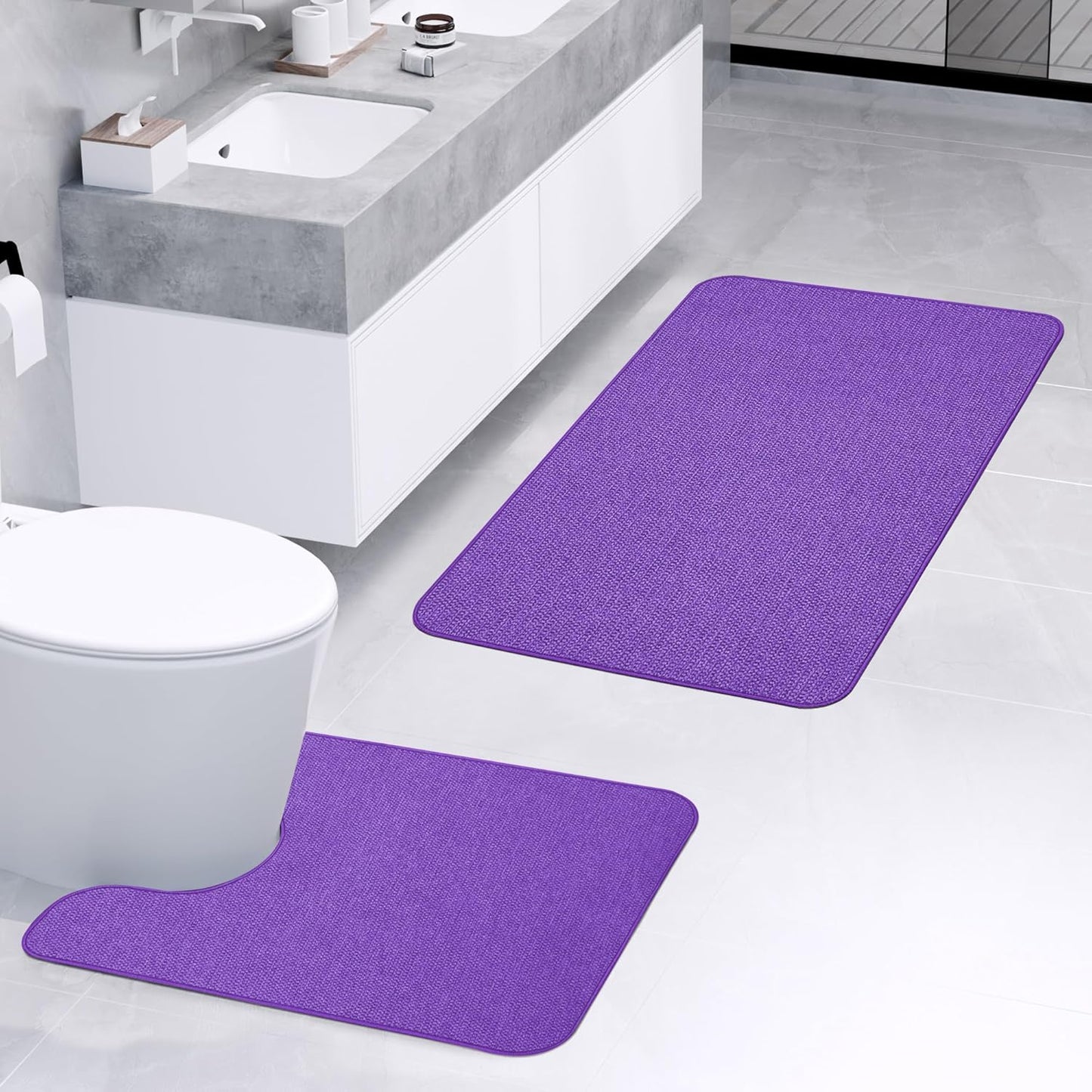 Bathroom Rugs Set 2 Pieces,Thin Bathroom Mats,Toilet Rugs,Quick Dry,Non-Slip,Machine Washable,Low Pile,Absorbent Bath Mats,Shower,Sink,Home Decor Accessories.Purple,1'5"x2'3"+1'8"x2" U Shape