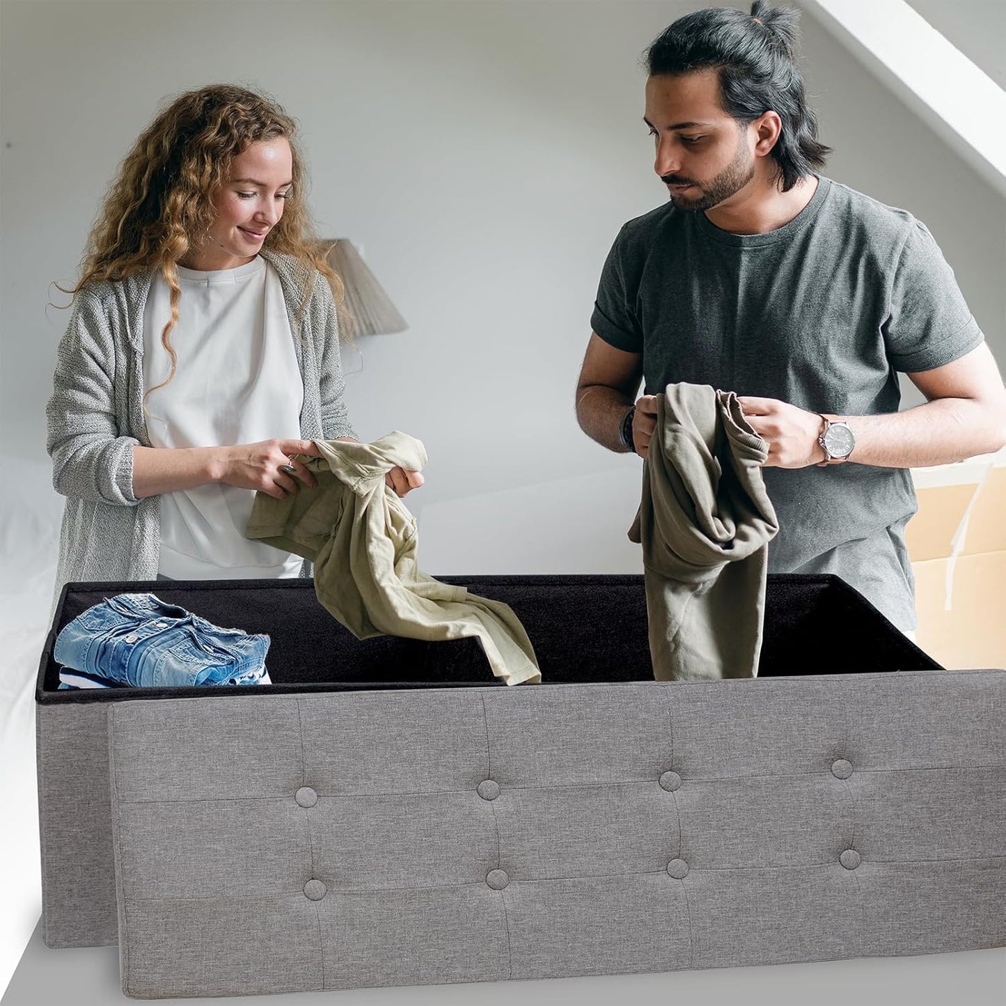 GLAXYFUR 43.3 inches Folding Storage Ottoman Bench Storage Chest Footrest for Bedroom, Entryway and Living Room, Holds up to 660 lb Dark Grey