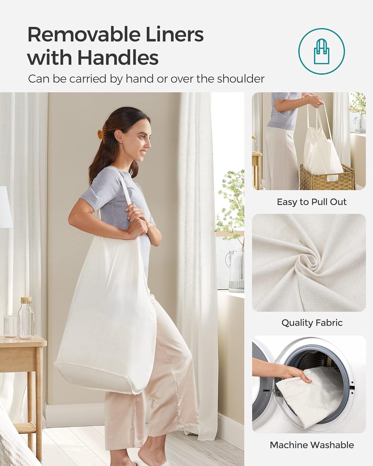 SONGMICS Laundry Hamper with Lid, 110L Clothes Hamper with 2 Removable Liner Bags, 6 Mesh Bags, Wicker Laundry Basket, Double Laundry Hamper for Bathroom, 13 x 22.4 x 23.6 Inches, Natural ULCB52NL