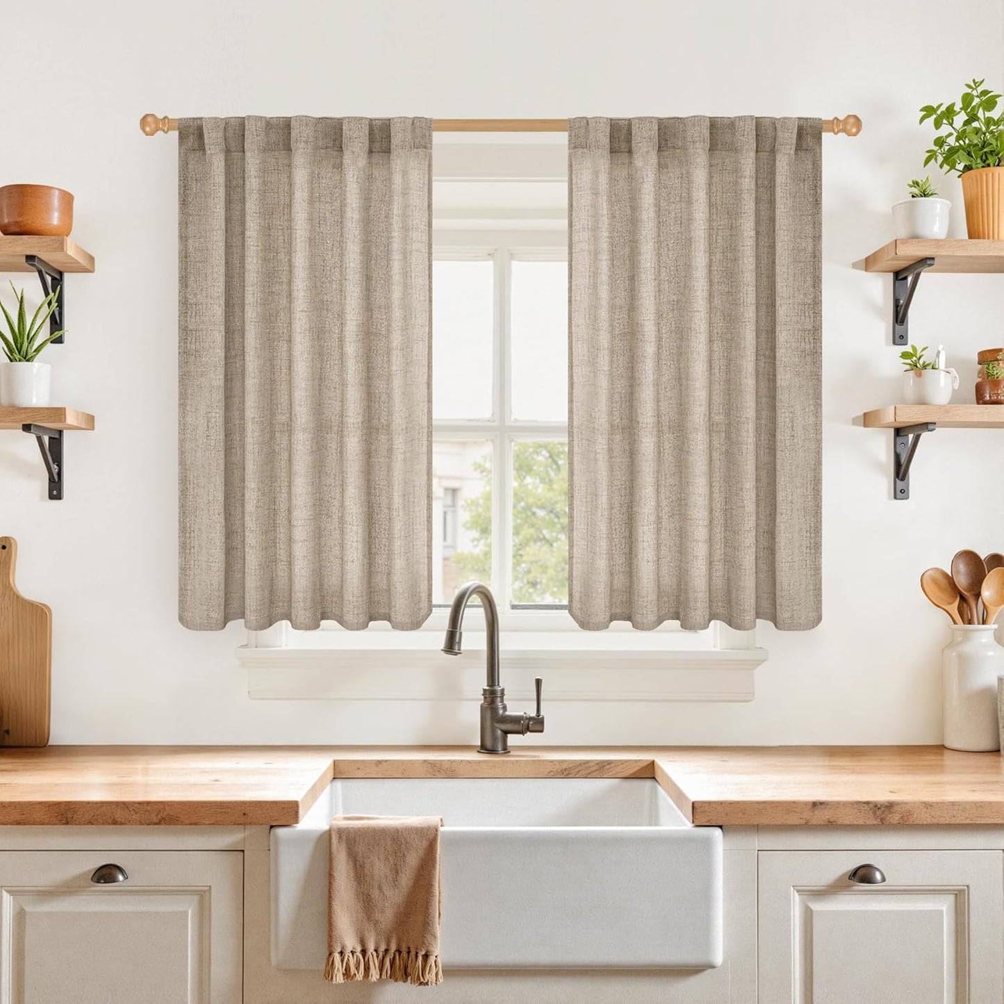 YoungsTex Dark Oatmeal Linen Curtains 40 Inch Length for Kitchen Window, Short Semi Sheer Drapes Burlap Textured Light Filtering with Rod Pocket Back Tab for Cafe Bathroom, 2 Panels, 42 X 40 Inch