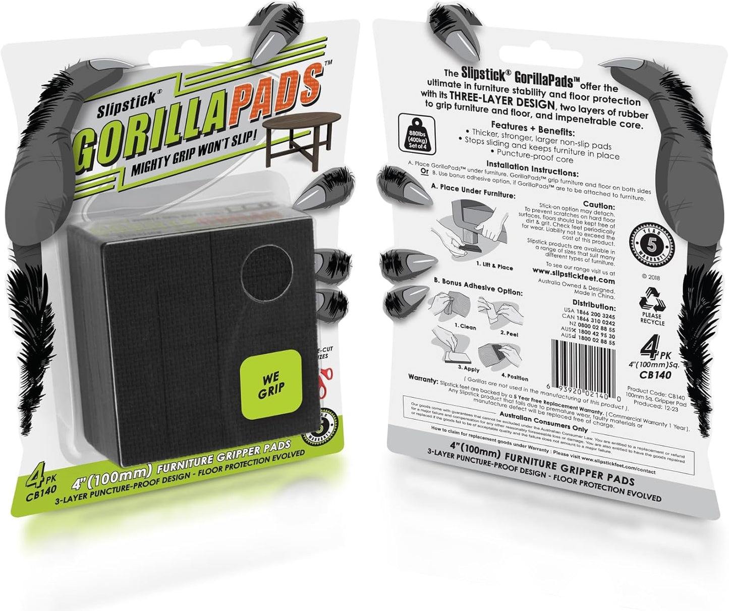 Slipstick GorillaPads 4 Inch Non Slip Furniture Gripper Pads (Pre-Scored to Cut to Size) Stops Sliding and Protects All Hard Floor Surfaces, Optional Self-Stick Adhesive, Square, CB140