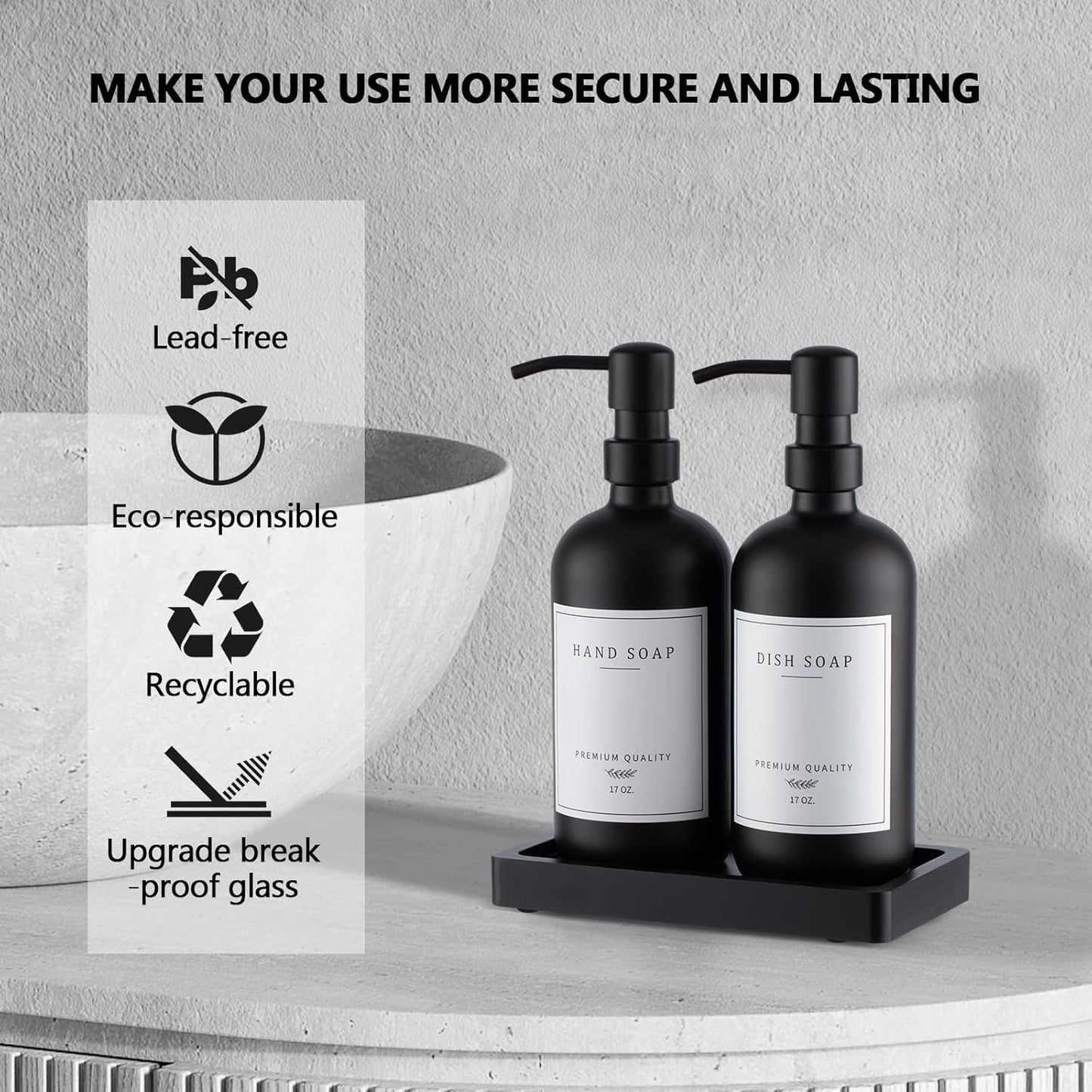 Black Thick Glass Soap Dispenser - Farmhouse Kitchen Dish &Hand Soap Dispenser Set, 304 Rustproof Pump Lotion Dispenser Bathroom with Tray, 14 Waterproof Stickers for Kitchen Decor Sink