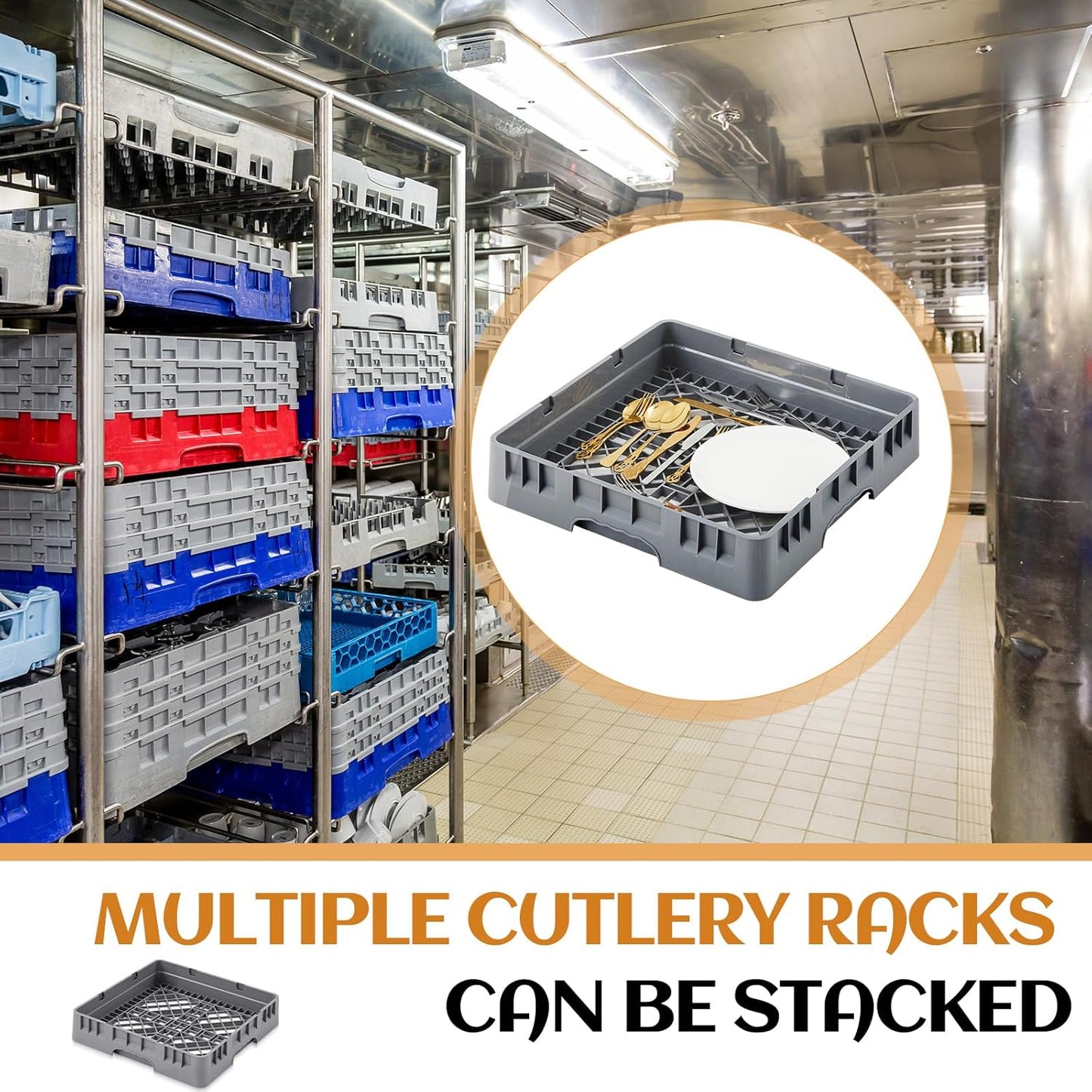 Commercial Dishwasher Tray Rack Polypropylene Full Size Flatware Rack for Bowls Plates Knives Forks Cups, Gray