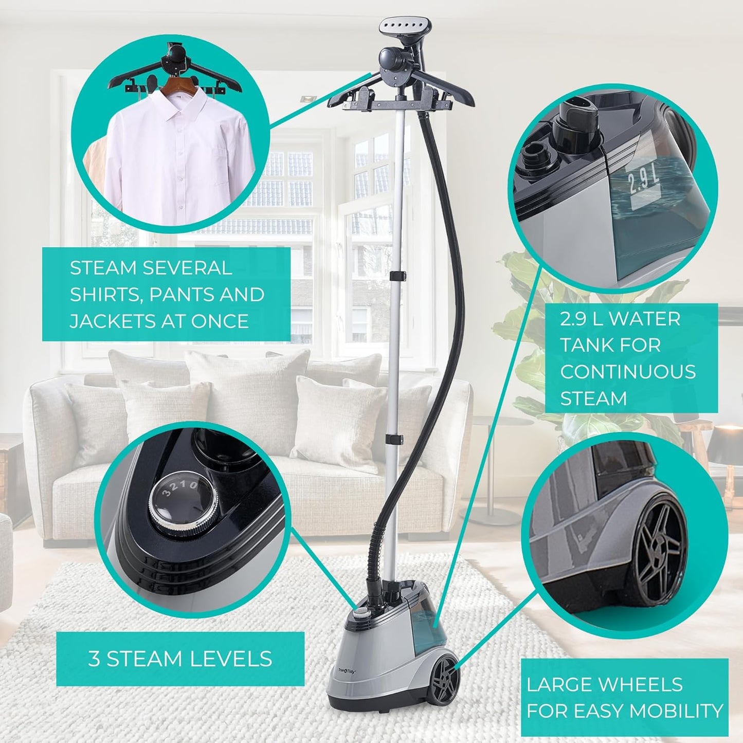 True & Tidy® Commercial Garment Steamer – Heavy Duty 1800W for Home & Commercial Use, 90+ Min Continuous Steam, Large 2.9L Tank, Wheels (X5A Gray Auto-Off, Smart Commercial Garment Steamer)