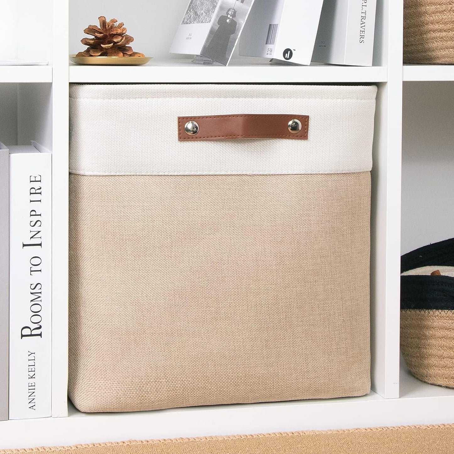 DULLEMELO Cube Storage Bin 13x13,Collapsible Fabric Storage Cube for Organizing,Cubby Storage Basket for Shelves,Closet,Laundry,Nursery,Toys,Clothes (White&Khaki)