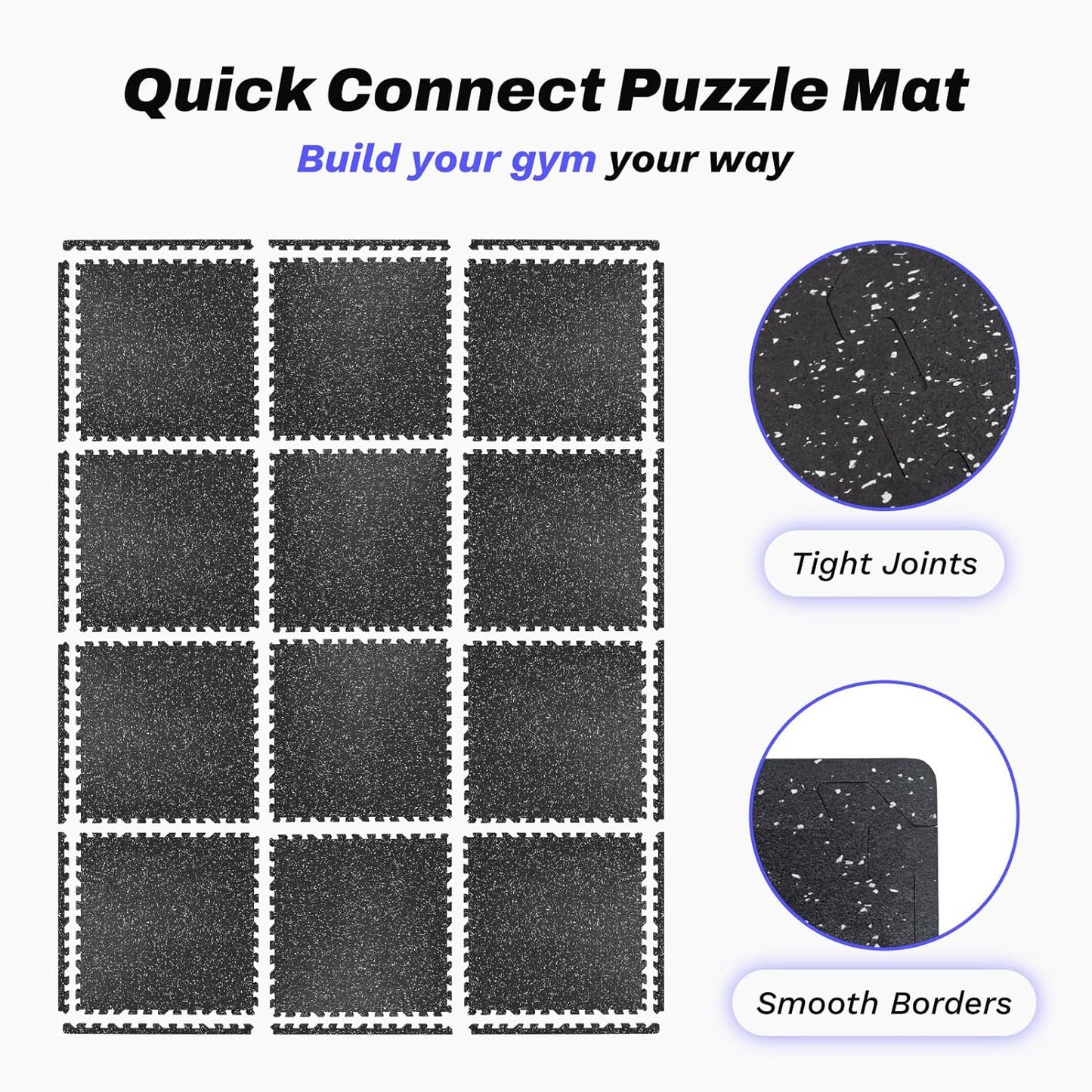 AIRHOP 0.56in Thick 48 Sq Ft Exercise Equipment Mats, 12 Tiles Upgraded Rubber Top with High Density EVA Foam, Large Interlocking Puzzle Gym Flooring for Home Gym, Heavy Weight Workout, 24 x 24in