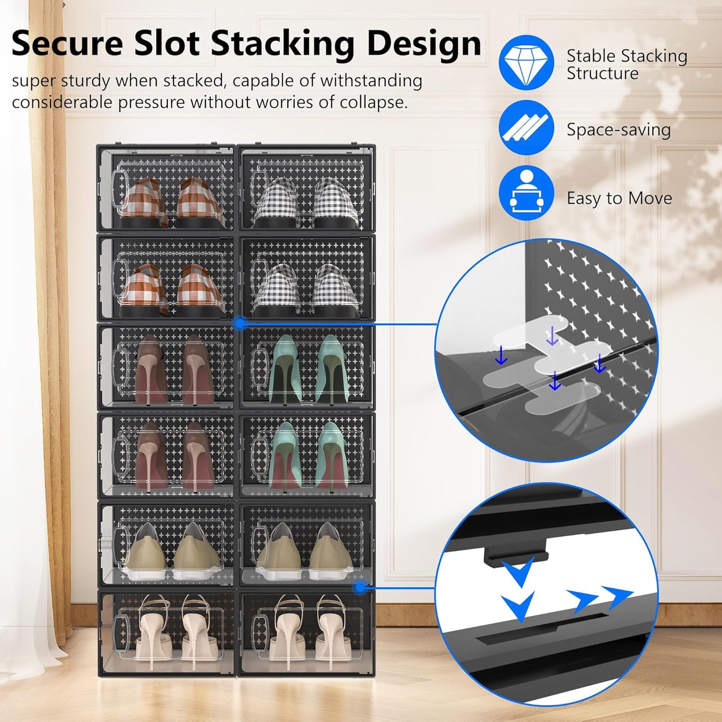 12 Pack Large Modular Clear Plastic Stackable Shoe Storage Organizer for Closet, Space Saving Versatile Sneaker Shoe Rack Containers Bins Holders, Portable Closet Organizers and Storage, Black