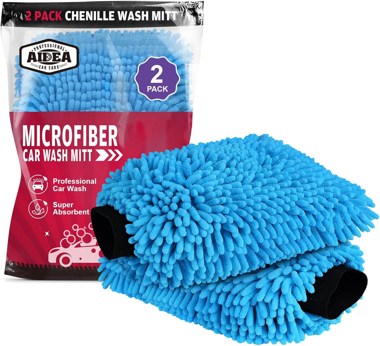 AIDEA Car Wash Mitt Microfiber 2PK, Scratch-Free& Lint-Free, Premium Chenille Microfiber Wash Mitt-Blue Extra Large Size (8''X12'')