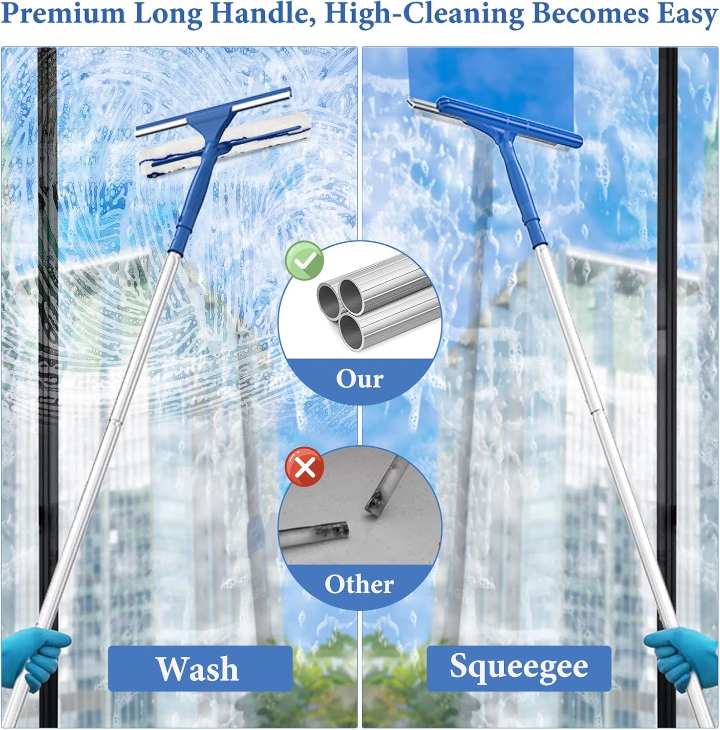 Squeegee for Window Shower Glass Door Cleaning, VOUBIEN Household Squeegee Window Cleaner 2 in 1 Kit with Long Handle, Microfiber Scrubber for Window, Glass Door, Car, Home Floor