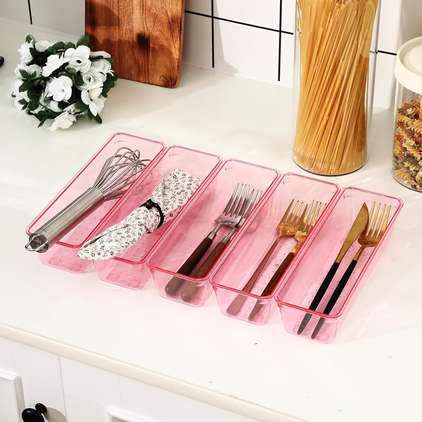 Maitys 12 Pcs Vanity Drawer Organizer 9 x 3 x 2 Inches Clear Plastic Utensil Organizers Kitchen Drawers Dividers for Office Desk Silverware Kitchen Utensils Cosmetics and Bathrooms(Pink)
