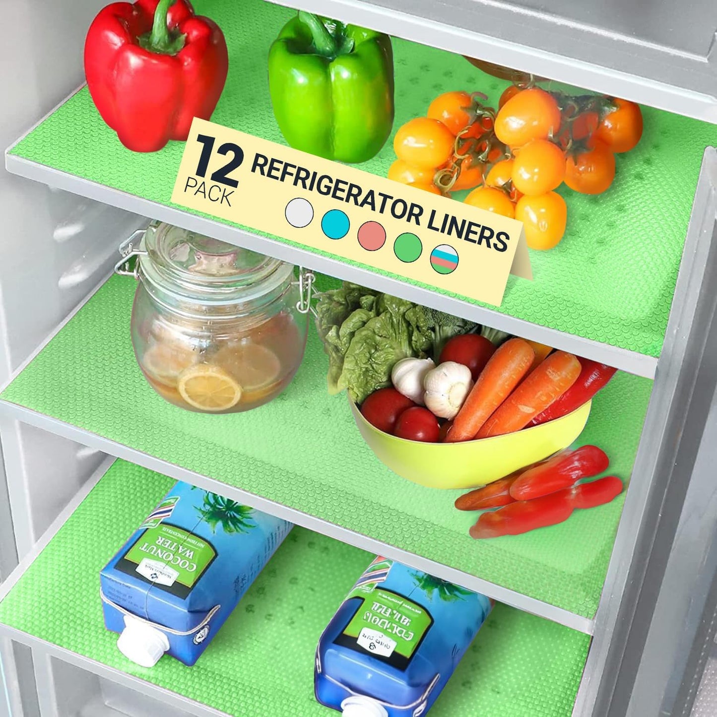 Refrigerator Liners for Shelves (12 Pack) by Linda’s Essentials - Non-Adhesive Shelf or Drawer Liner, BPA-Free Fridge Mats for Kitchen & Cabinets, Easy to Clean, Ideal Household Essentials (Green)