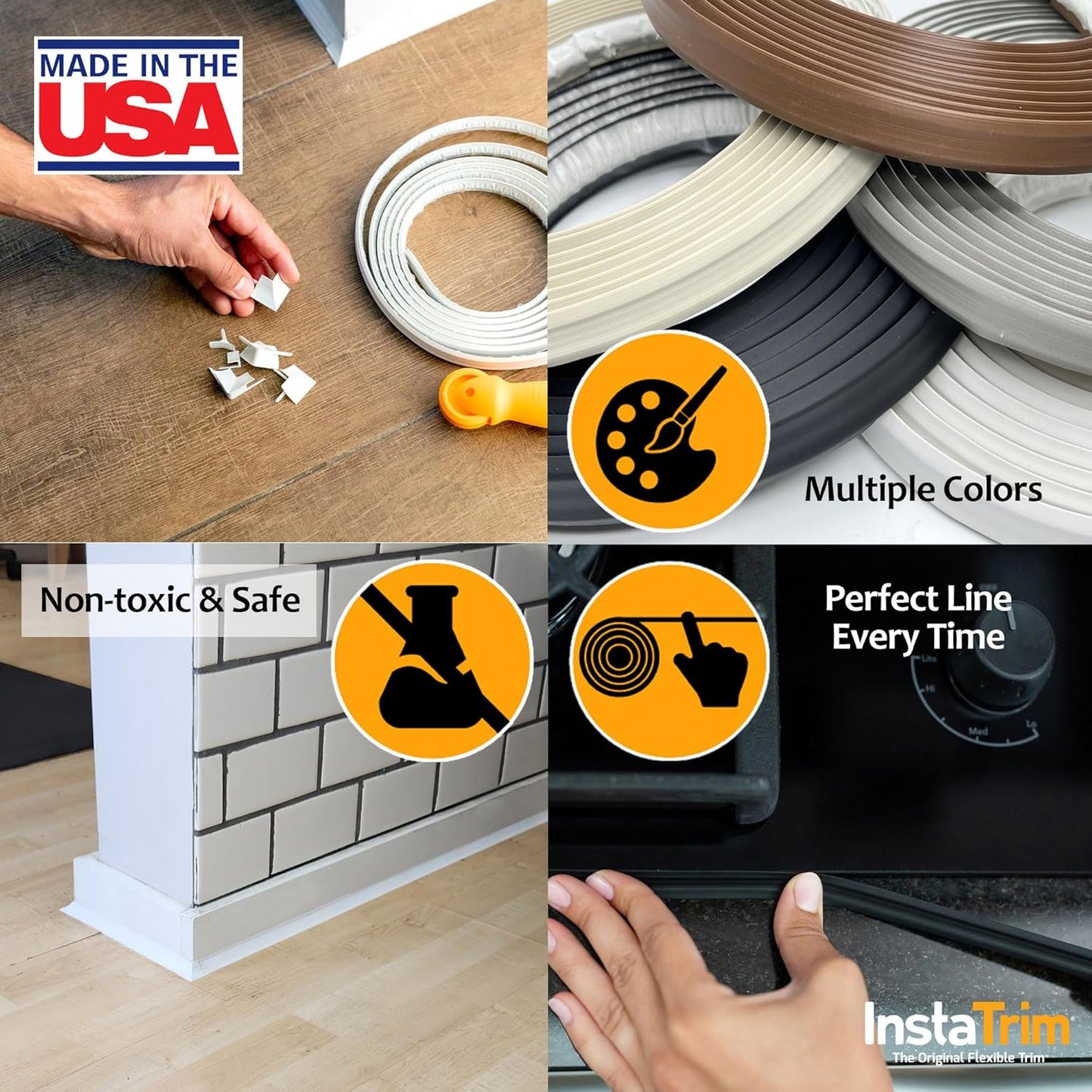 InstaTrim The Original Flexible Trim - 50ft Black 3/4" Wide Caulk Tape - Adhesive Trim with Many Uses Including Caulking for Bathtubs, Sinks, Counters, Tile, Floors - Made in USA